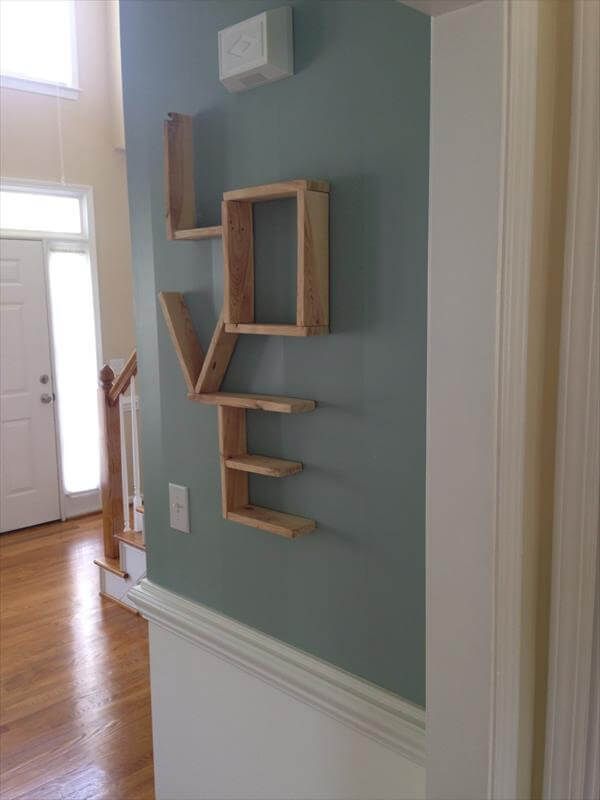 repurposed pallet wall love shelf