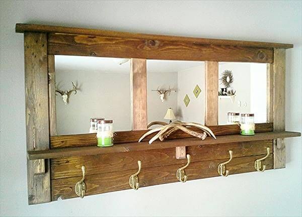 recycled pallet mirrored coat rack