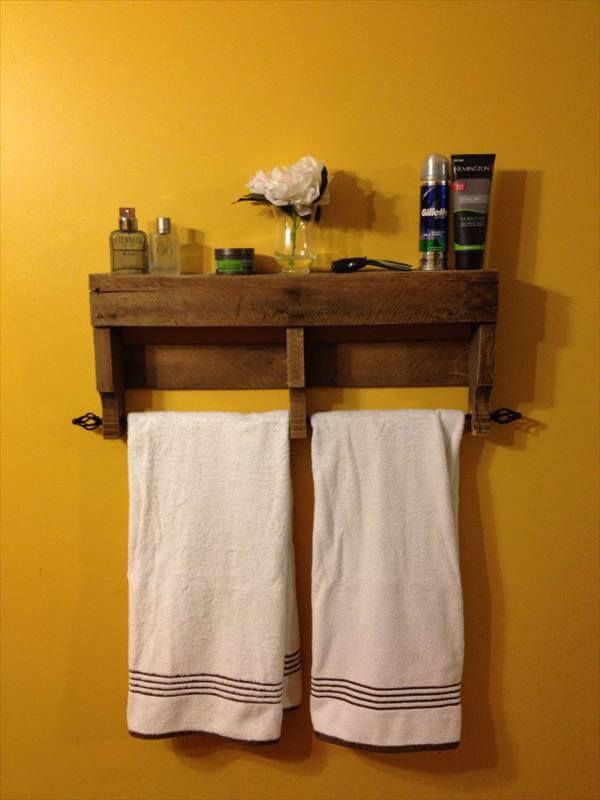 recycled pallet bathroom shelf and towel rack