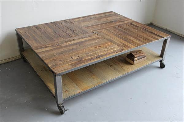diy rustic pallet coffee table with metal base