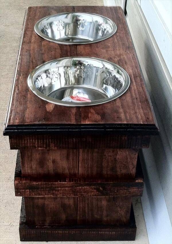 repurposed pallet dog bowl feeding stand