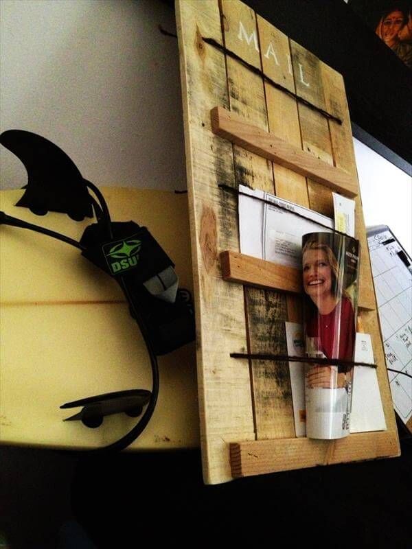 handcrafted pallet entry wall mail organizer