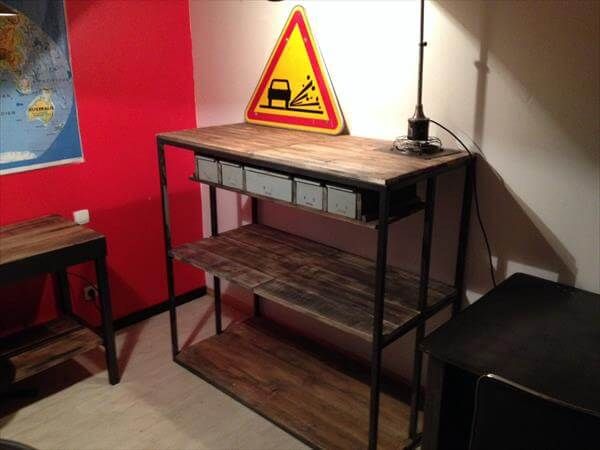 reclaimed pallet and metal shelving cabinet