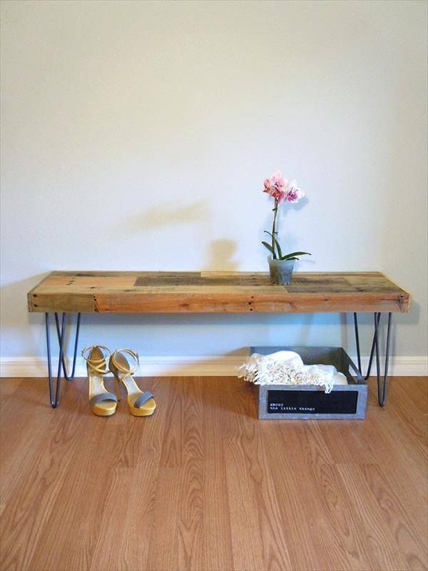 recycled pallet bench with hairpin legs