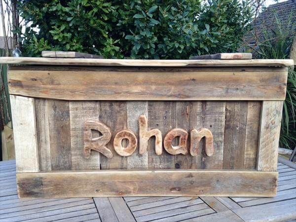 recycled pallet chest with owner name