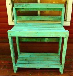 recycled pallet turquoise potting bench idea on a budget