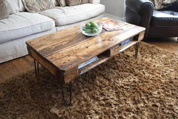 repurposed pallet coffee table with metal hairpin legs