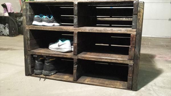 reclaimed rustic pallet storage unit and shoes rack