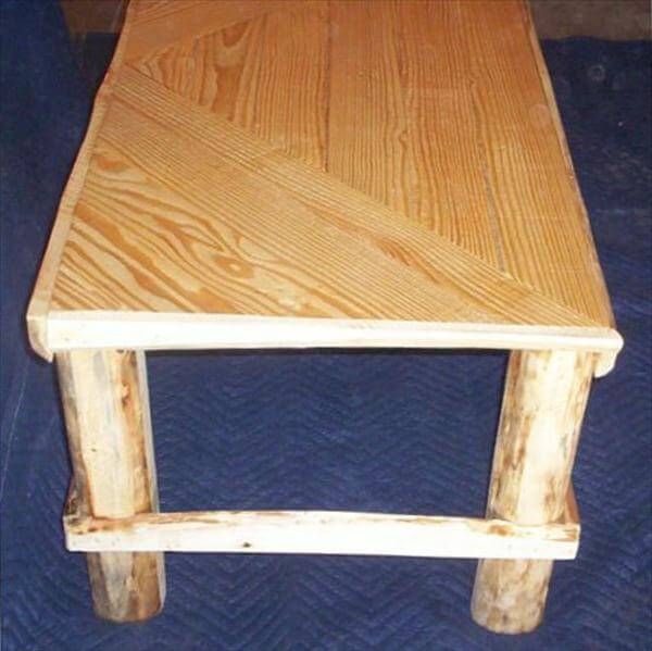 recycled pallet coffee table with rustic tree legs