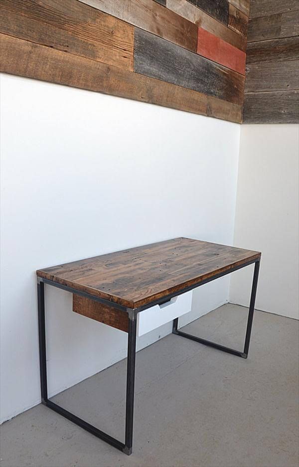 repurposed pallet desk with metal base