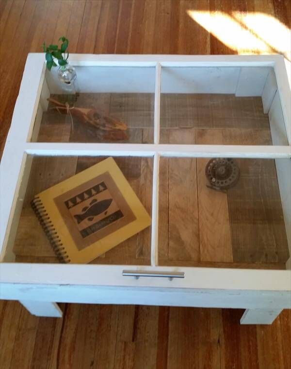 wooden pallet and glass window coffee table