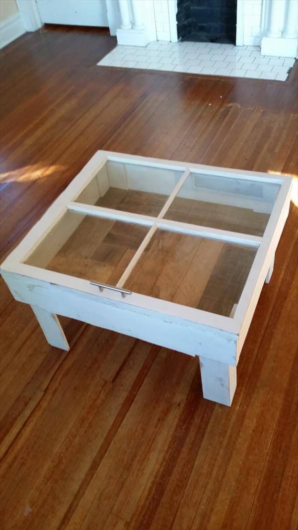 salvaged pallet and old window coffee table