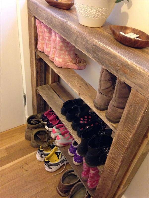 vintage inspired wooden pallet shoes rack