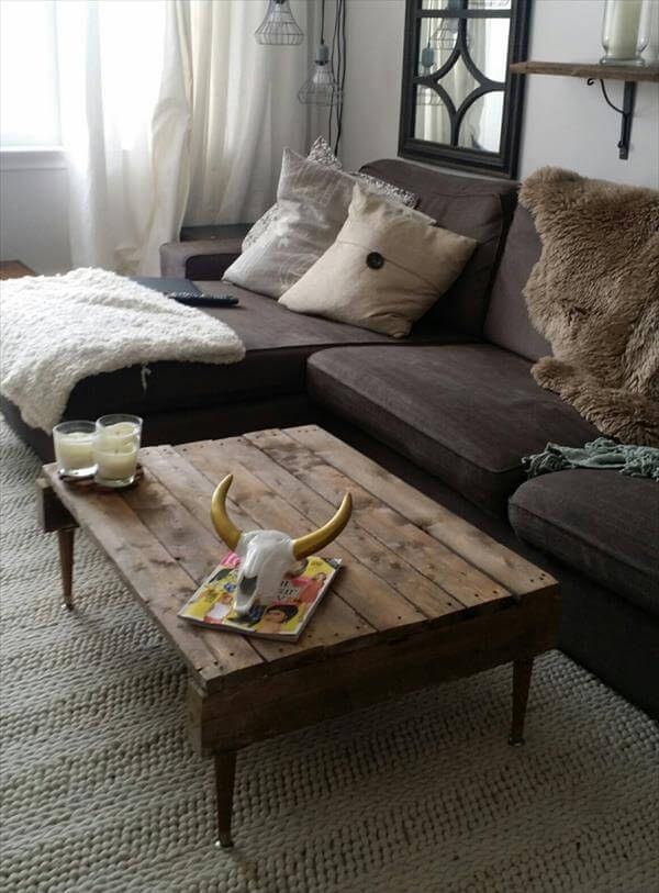 repurposed pallet coffee table with tapered legs