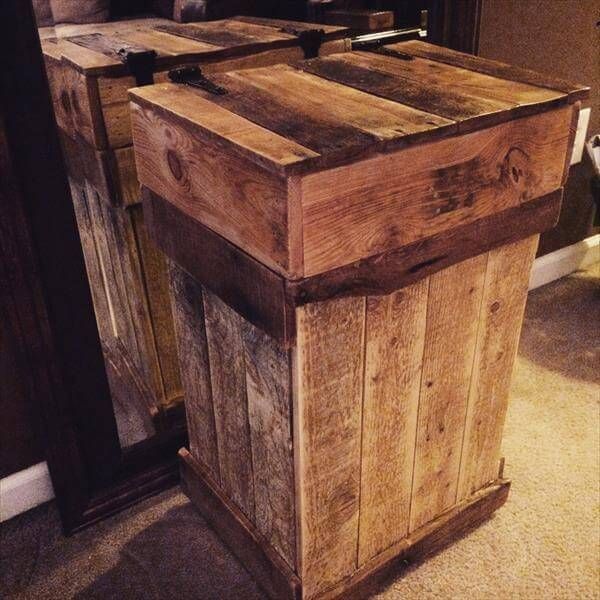 handcrafted pallet trash bin with hinged top
