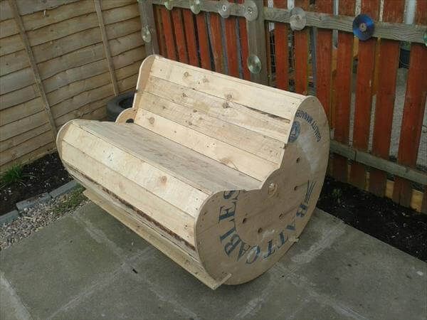 upcycled pallet and cable drum rocking chair and bench