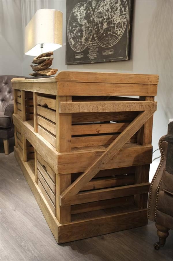 recycled pallet sideboard with crate drawers