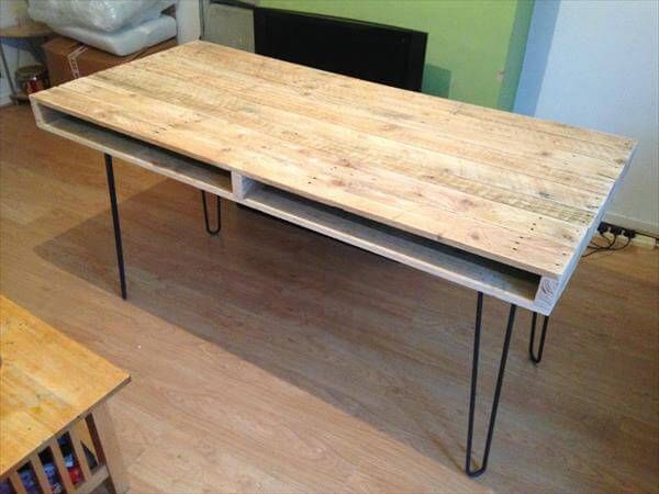 recycled pallet dining table with hairpin legs