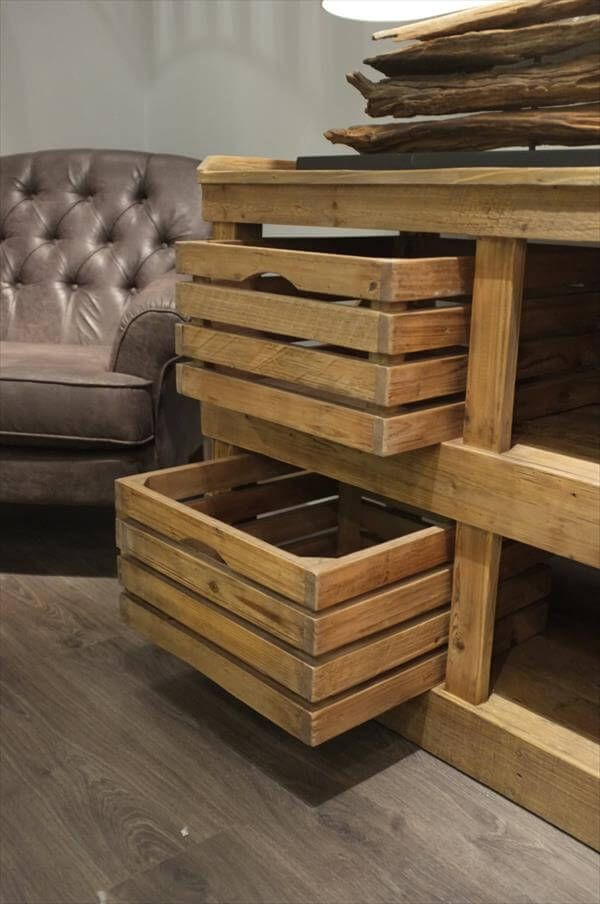wooden pallet sideboard with crate drawers