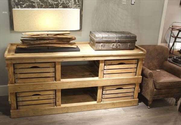 diy pallet sideboard with crate drawers