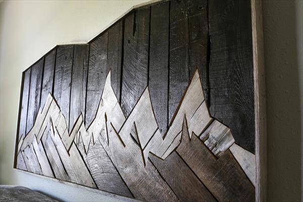 recycled pallet accent headboard inspired of mountain range