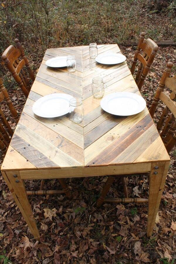 repurposed pallet herringbone style dining table