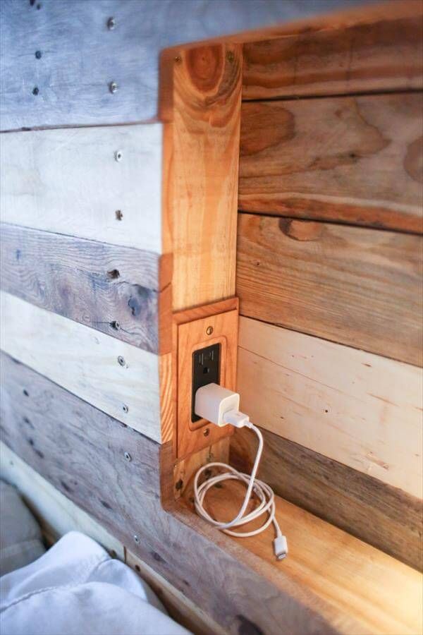 recycled pallet headboard with charging outlets