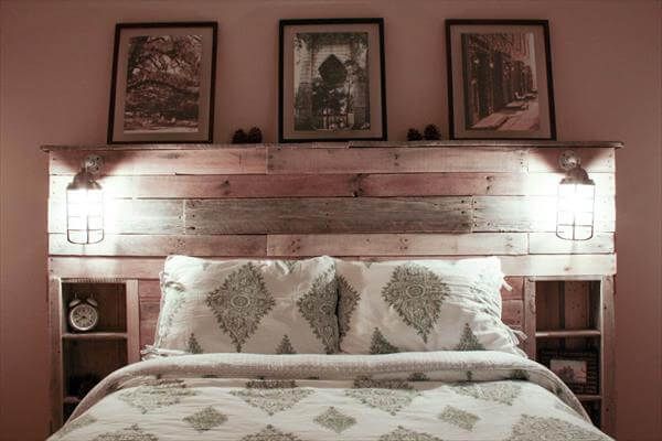 diy pallet headboard with lights and mobile charging outlets