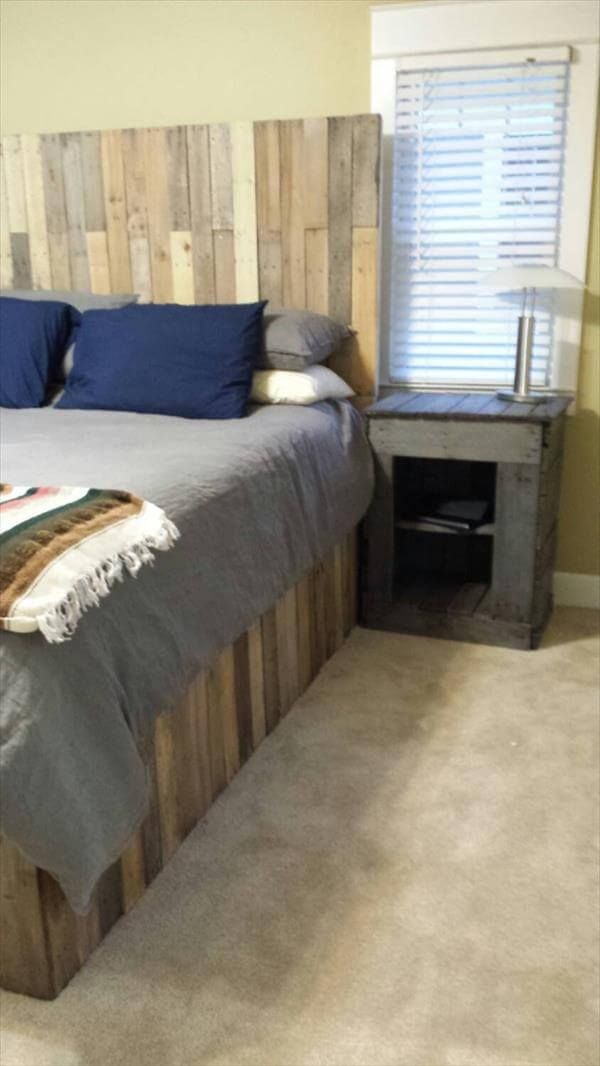 Recycled pallet bed frame and headboard