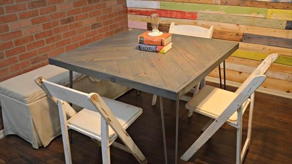 wooden pallet chevron dining table with metal base