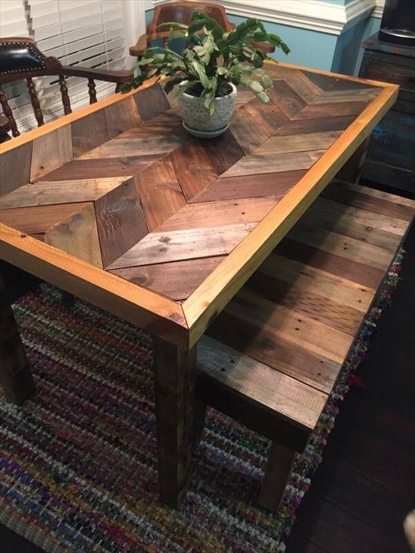 Recycled pallet chevron table with bench