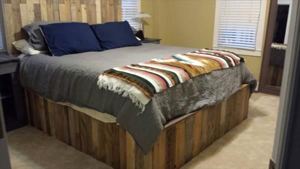 Repurposed pallet bed frame and headboard
