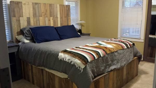 Reclaimed pallet bed frame and headboard