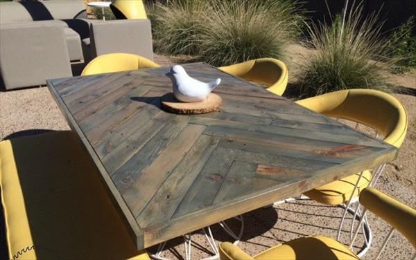handmade wooden pallet chevron dining table with metal base