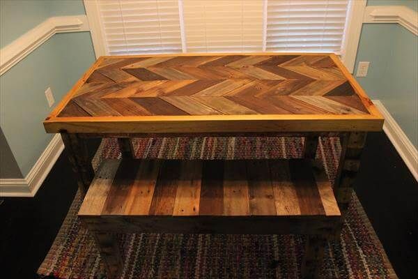 Handmade pallet chevron patterned table with a bench