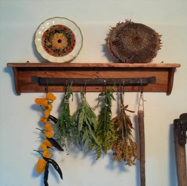 handmade wooden pallet shelf with hooks