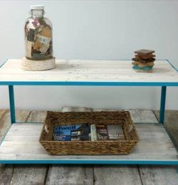 wooden pallet coffee table with steel frame and a built in shelf