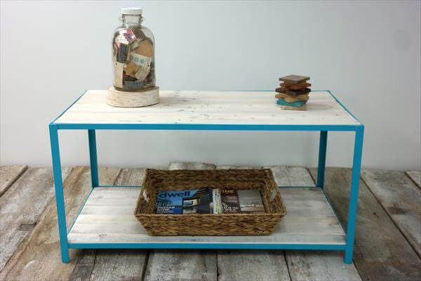 wooden pallet coffee table with steel frame and a built in shelf