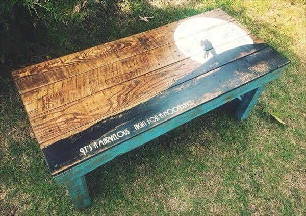recycled pallet coffee table with moon dance print