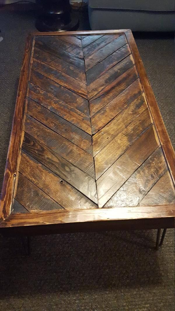 recycled pallet chevron coffee table with metal legs