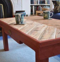 pallet chevron coffee table with red stained base