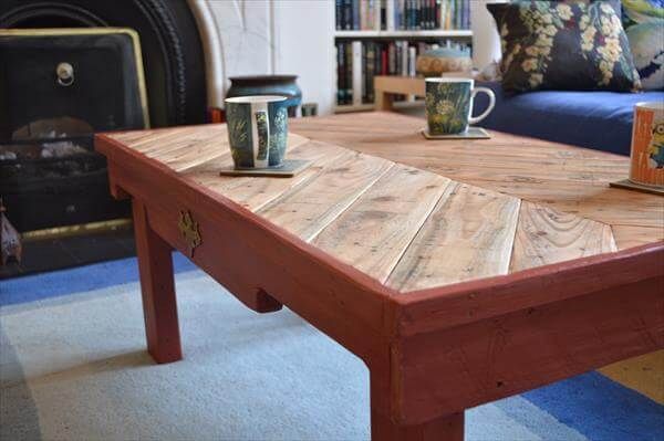 pallet chevron coffee table with red stained base