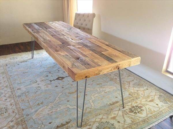 upcycled wooden pallet long table with metal legs