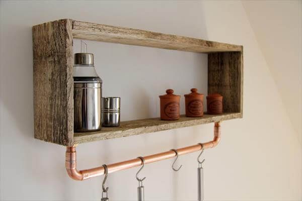 diy pallet kitchen shelf with copper metal pipe tool rack