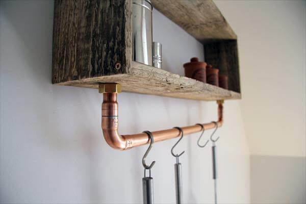 handmade wooden pallet kitchen shelf with copper pipe tool rack