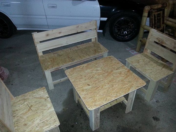 Recycled pallet and chip board seating set