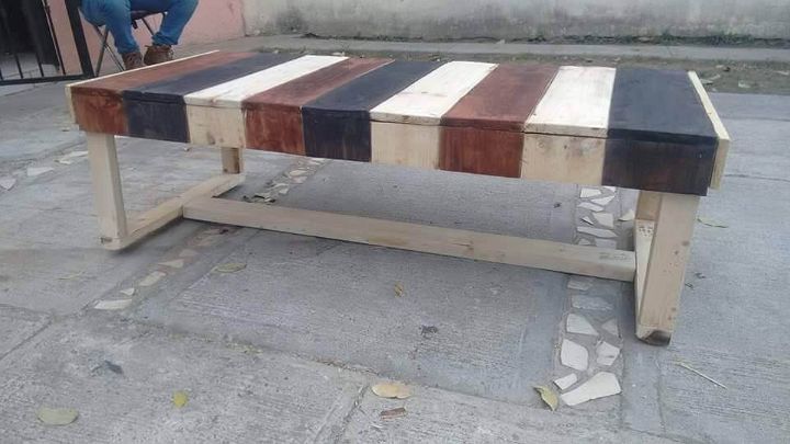 recycled pallet painted outdoor bench