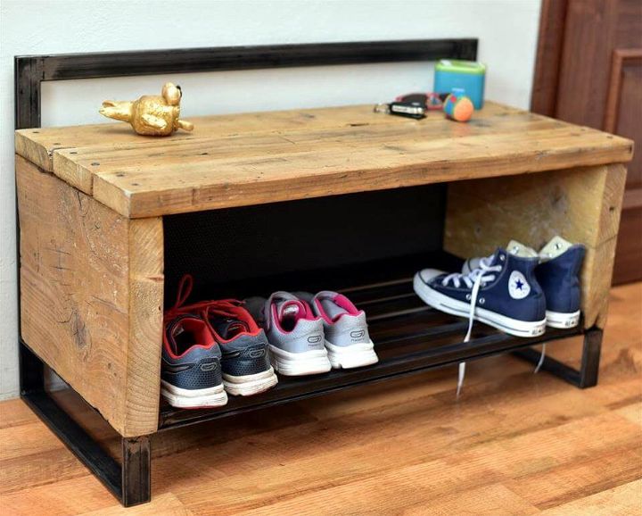 recycled pallet and metal scrap shoes rack
