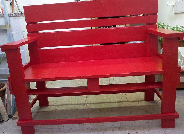 diy wooden pallet red painted bench