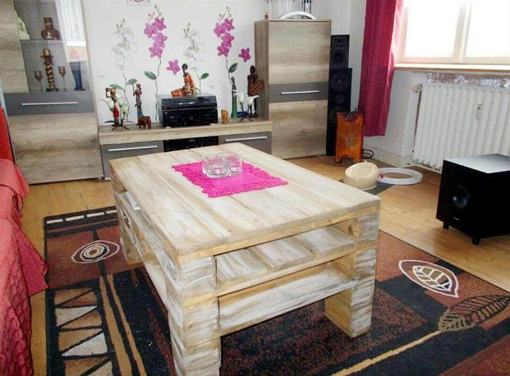 upcycled pallet coffee table with inside shelving and drawer space